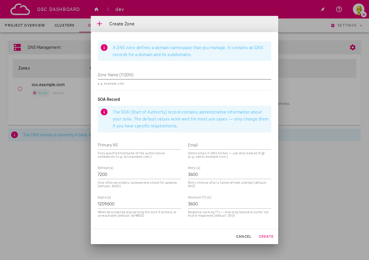 Create Zone dialog
